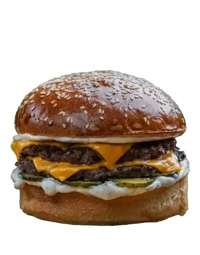 Miante Burger'ın susamlı ekmekli, çift köfteli, cheddarlı burgeri